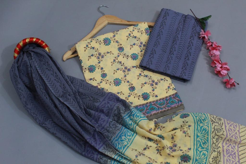 Yellow Flower Hand Block Print Cotton Unstitched Suit Set with Cotton Dupatta