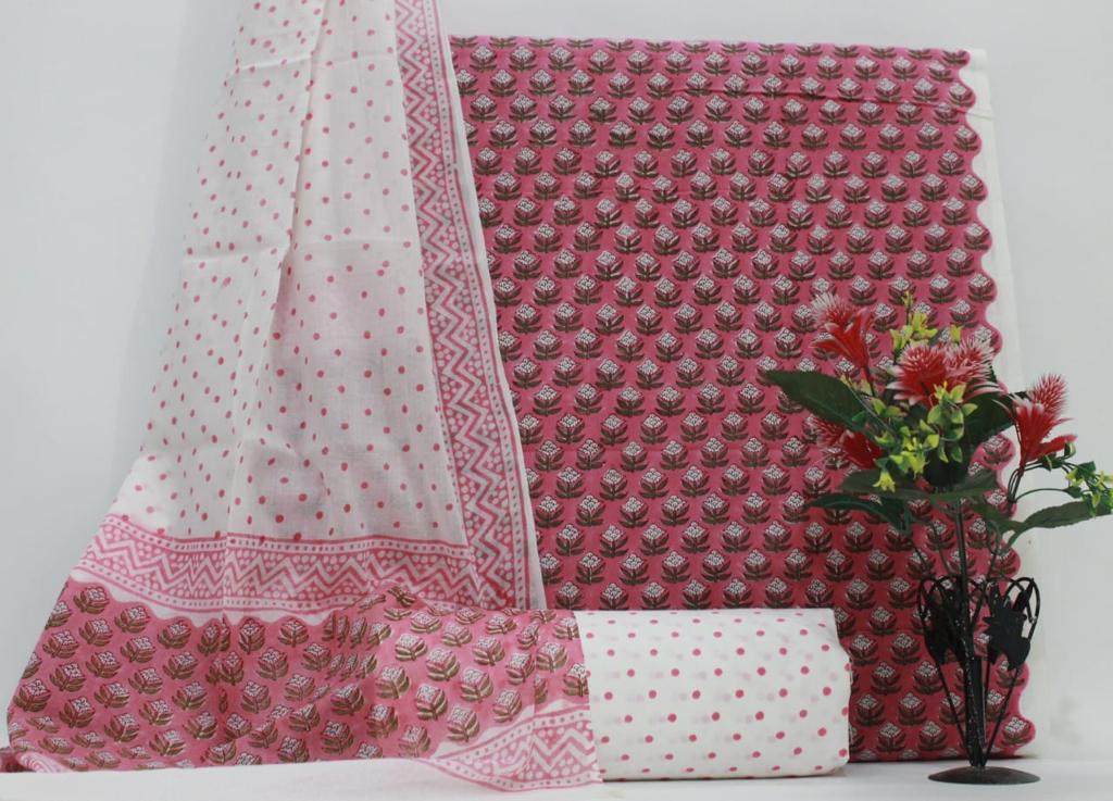 Pink Flower Hand Block Print Cotton Unstitched Suit Set with Cotton Dupatta
