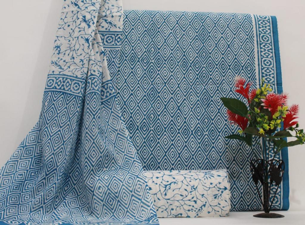 Blue Flower Hand Block Print Cotton Unstitched Suit Set with Cotton Dupatta