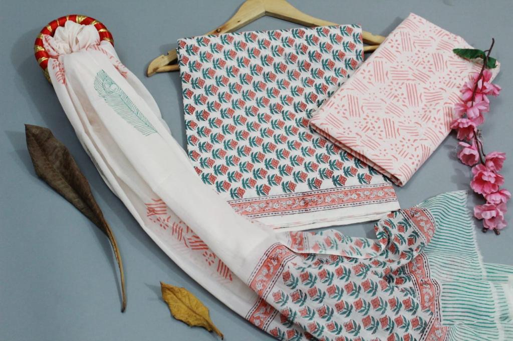 White Flower Hand Block Print Cotton Unstitched Suit Set with Cotton Dupatta