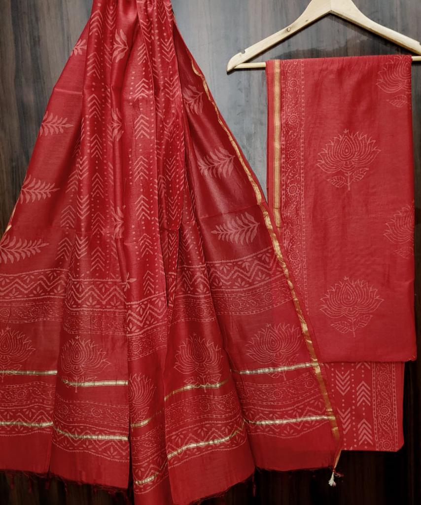 Red Flower Print Chanderi Unstitched Suit Set with Chanderi Dupatta