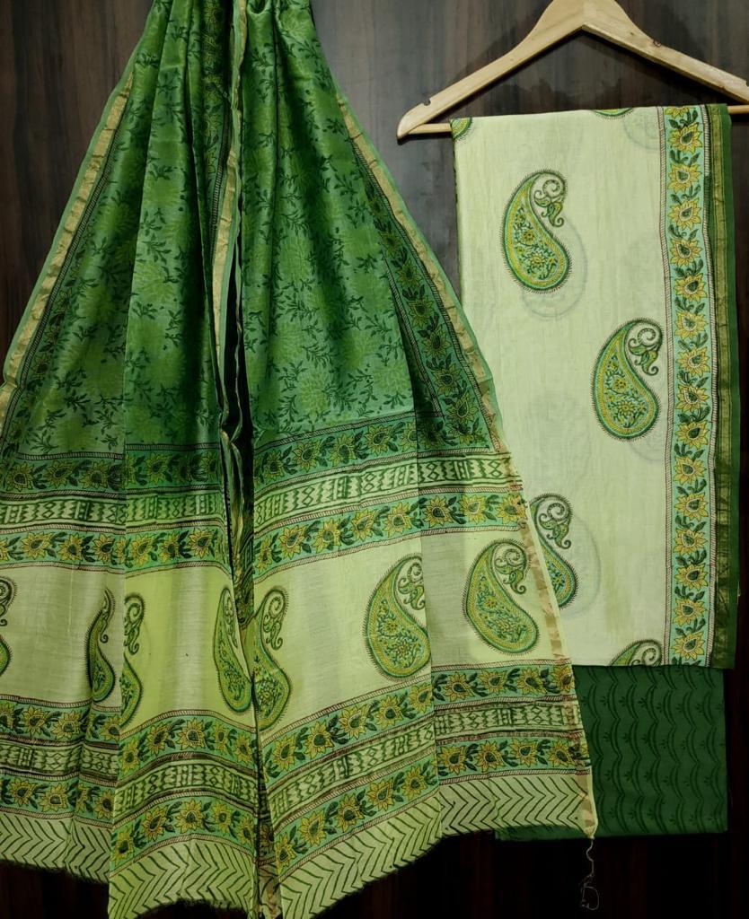 Green Butta Print Chanderi Unstitched Suit Set with Chanderi Dupatta