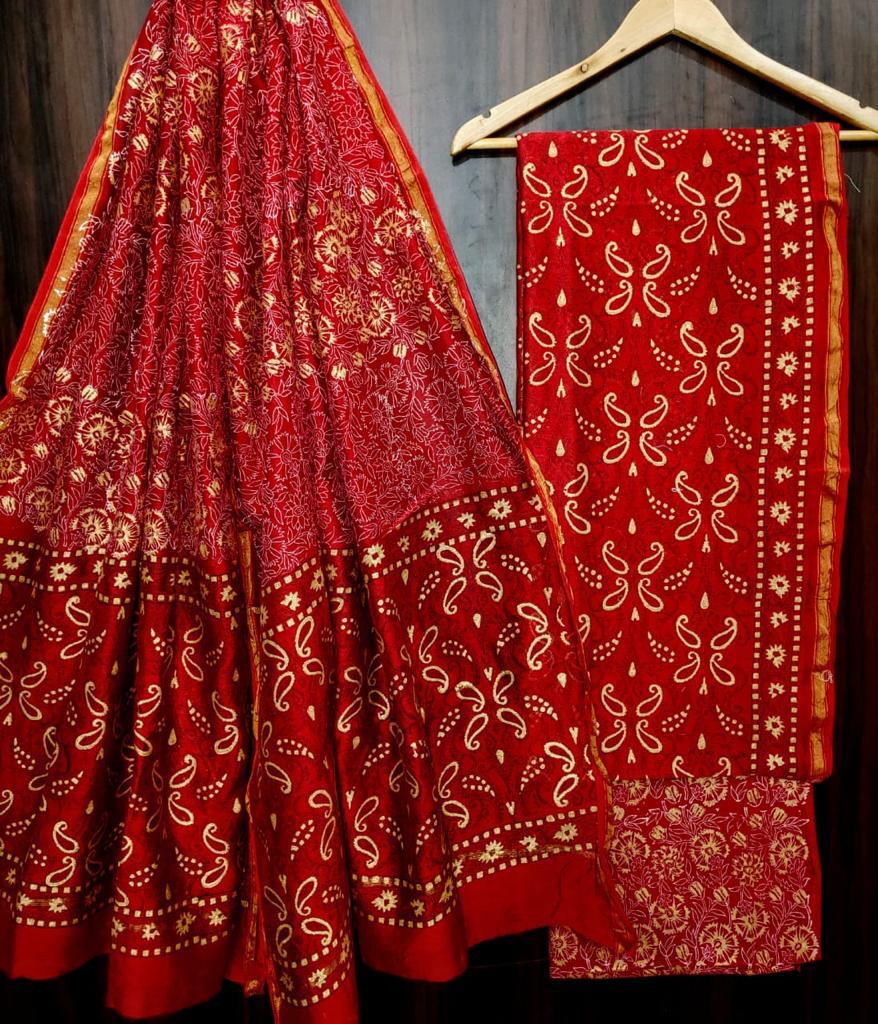 Red Flower Print Chanderi Unstitched Suit Set with Chanderi Dupatta