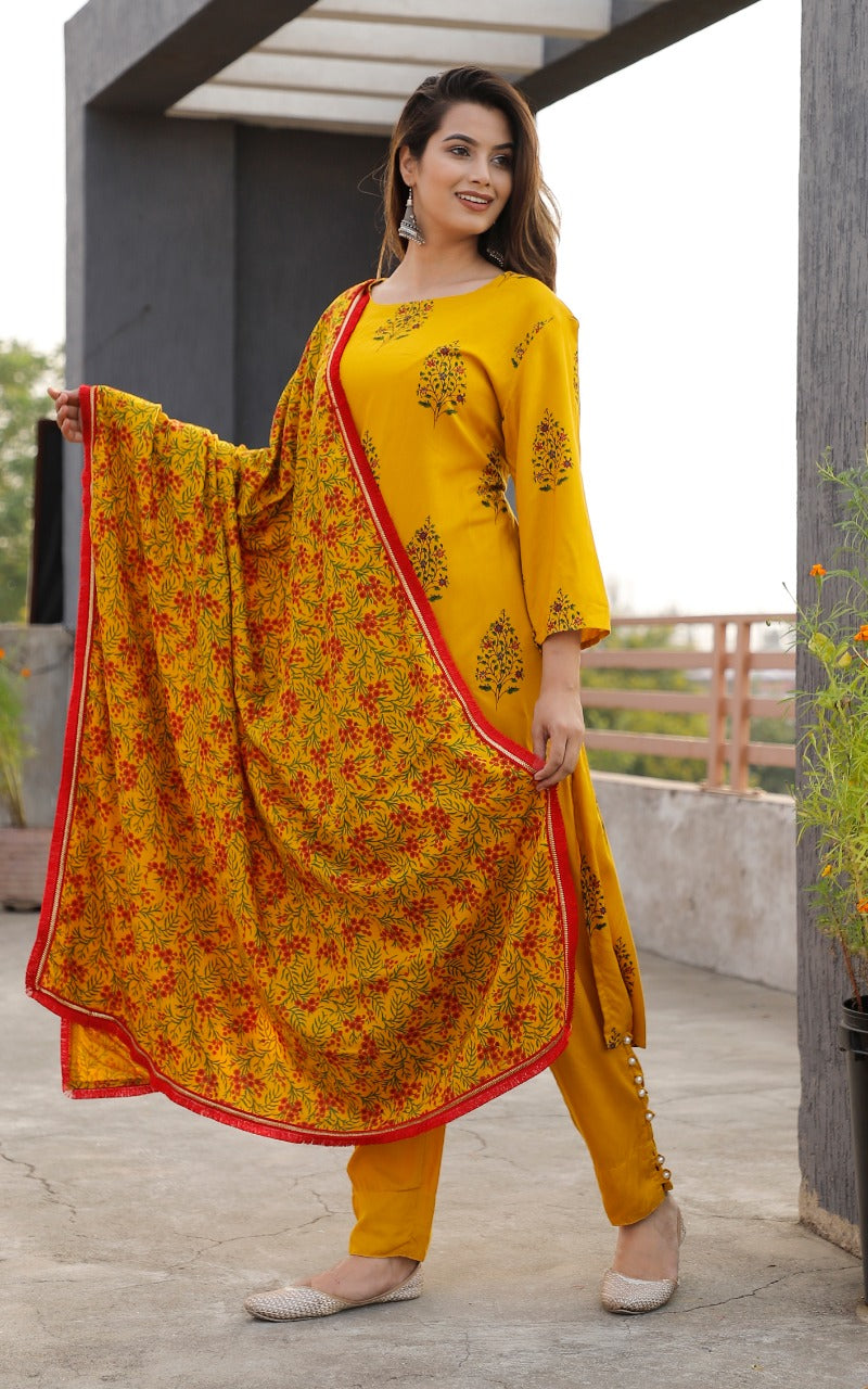 Yellow Flower Print Rayon Stitched Suit Set with Kurti, Pant & Dupatta