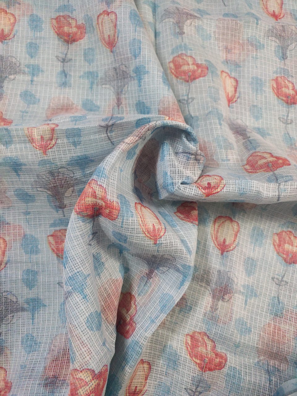 Blue Flower Print Kota Doria Fabric