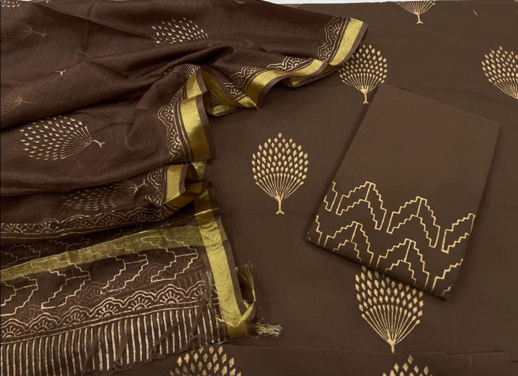 Dark Brown Flower Print Cotton Unstitched Suit Set with Kota Silk Dupatta