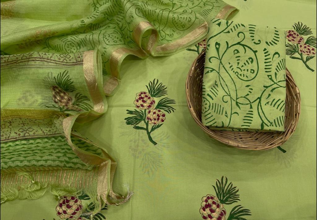 Green Flower Print Cotton Unstitched Suit Set with Kota Silk Dupatta