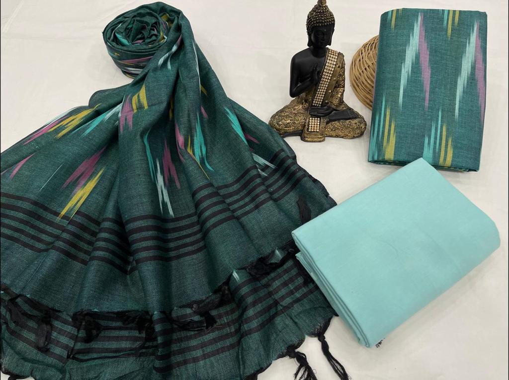 Dark Green Handloom Weaving Ikat Unstitched Suit Set With Ikat Dupatta