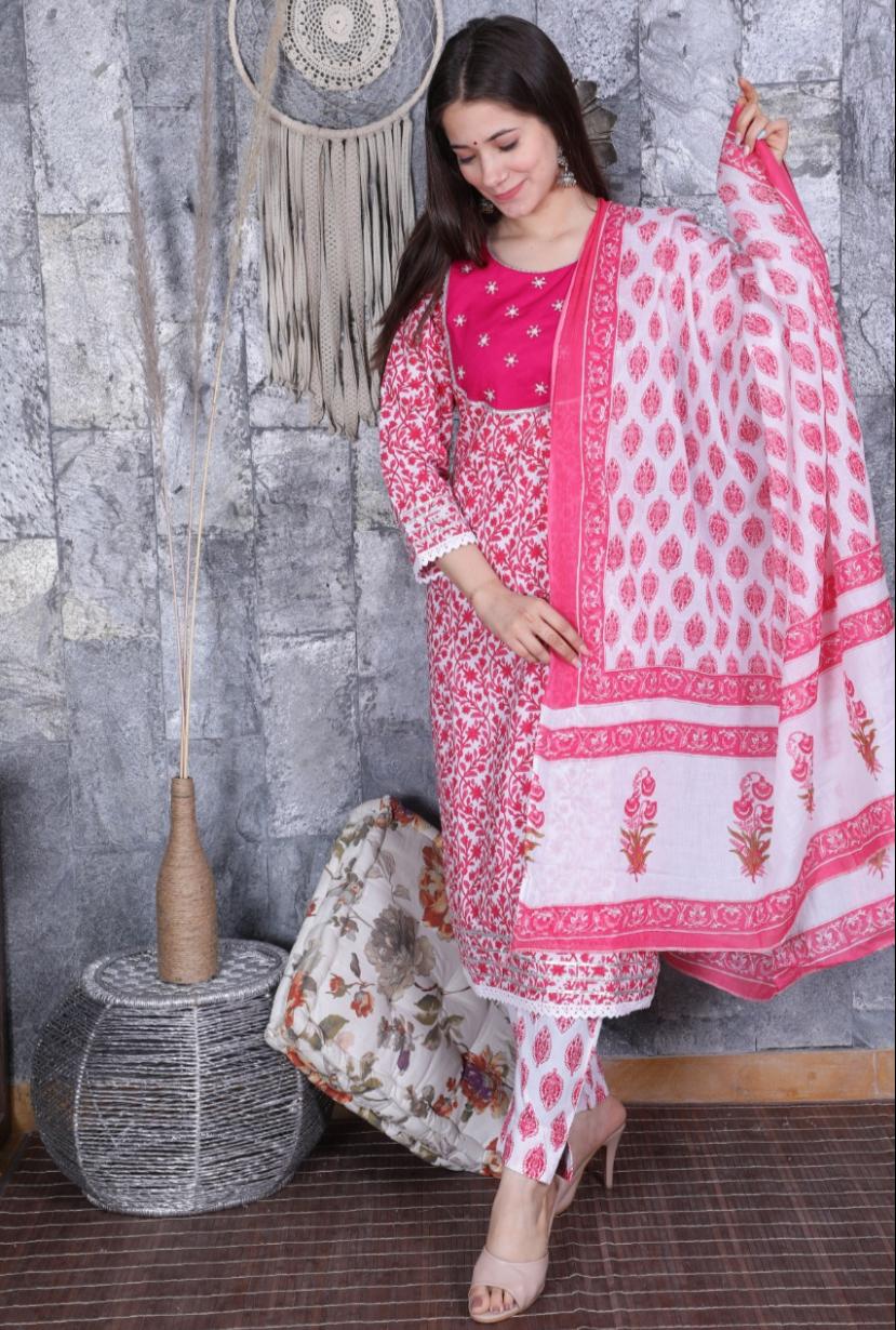 Pink Flower Print Cotton Stitched Suit Set with Dupatta