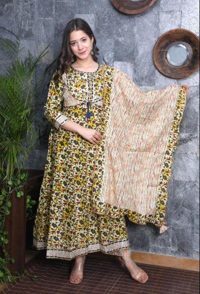 Green Flower Print Cotton Stitched Suit Set with Dupatta