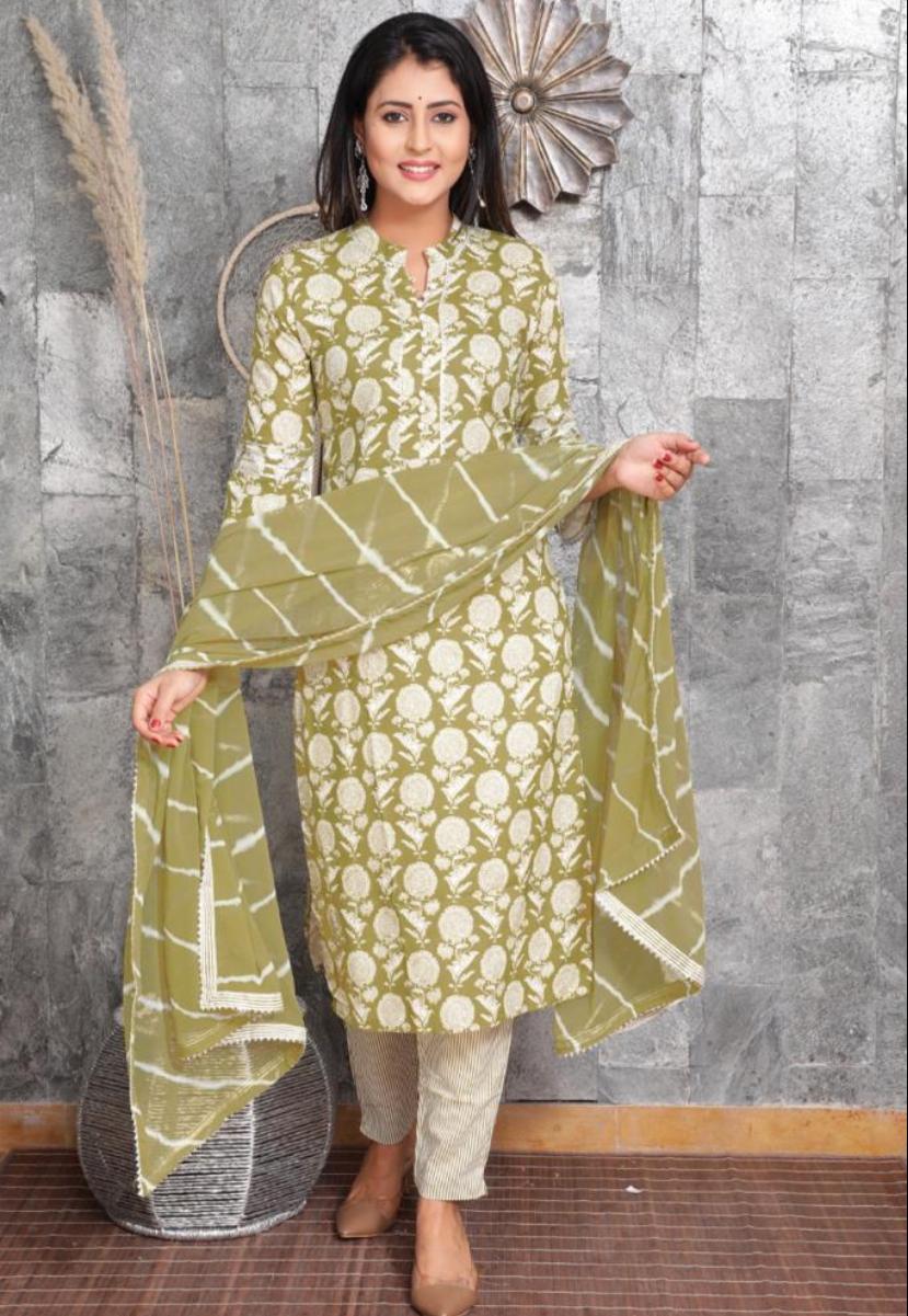 Green Flower Print Cotton Stitched Suit Set with Dupatta