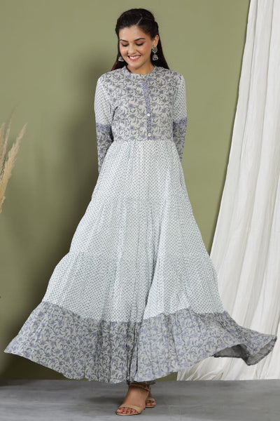 Gray Flower Print Cotton Gown