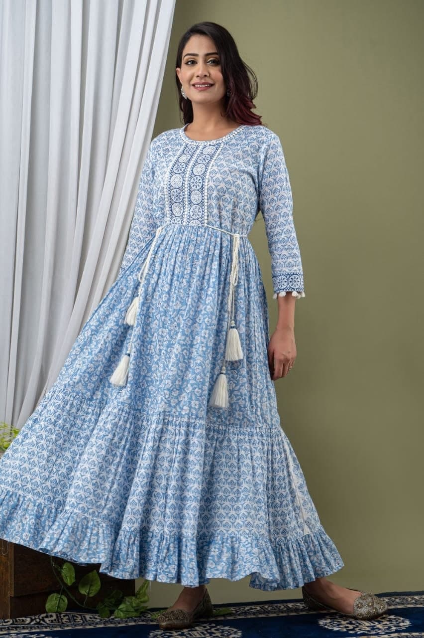 Blue Flower Print Cotton Gown