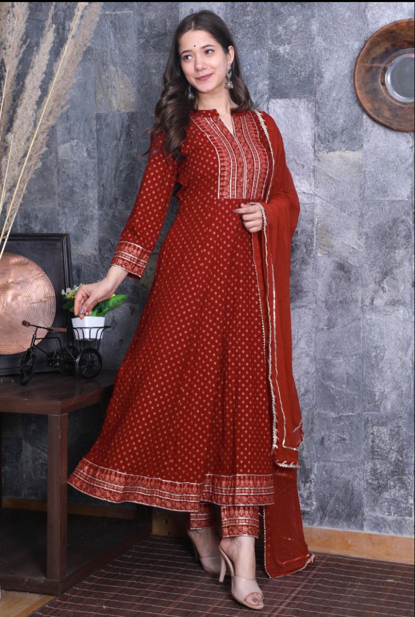 Maroon Flower Print Cotton Stitched Suit Set with Dupatta