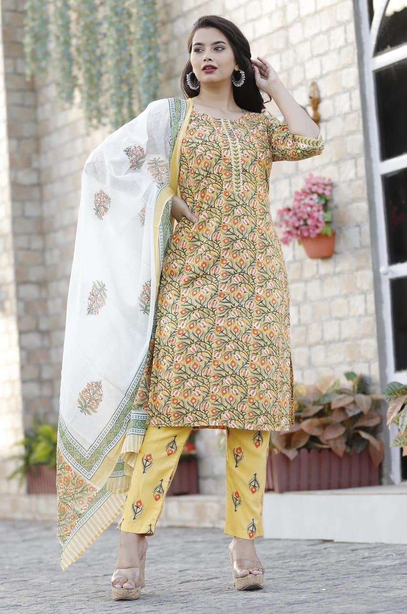 Yellow Flower Print Rayon Stitched Suit Set with Kurti, Pant & Dupatta