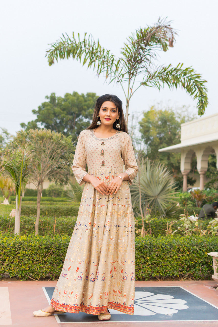 Cream Flower Print Rayon Anarkali Gown