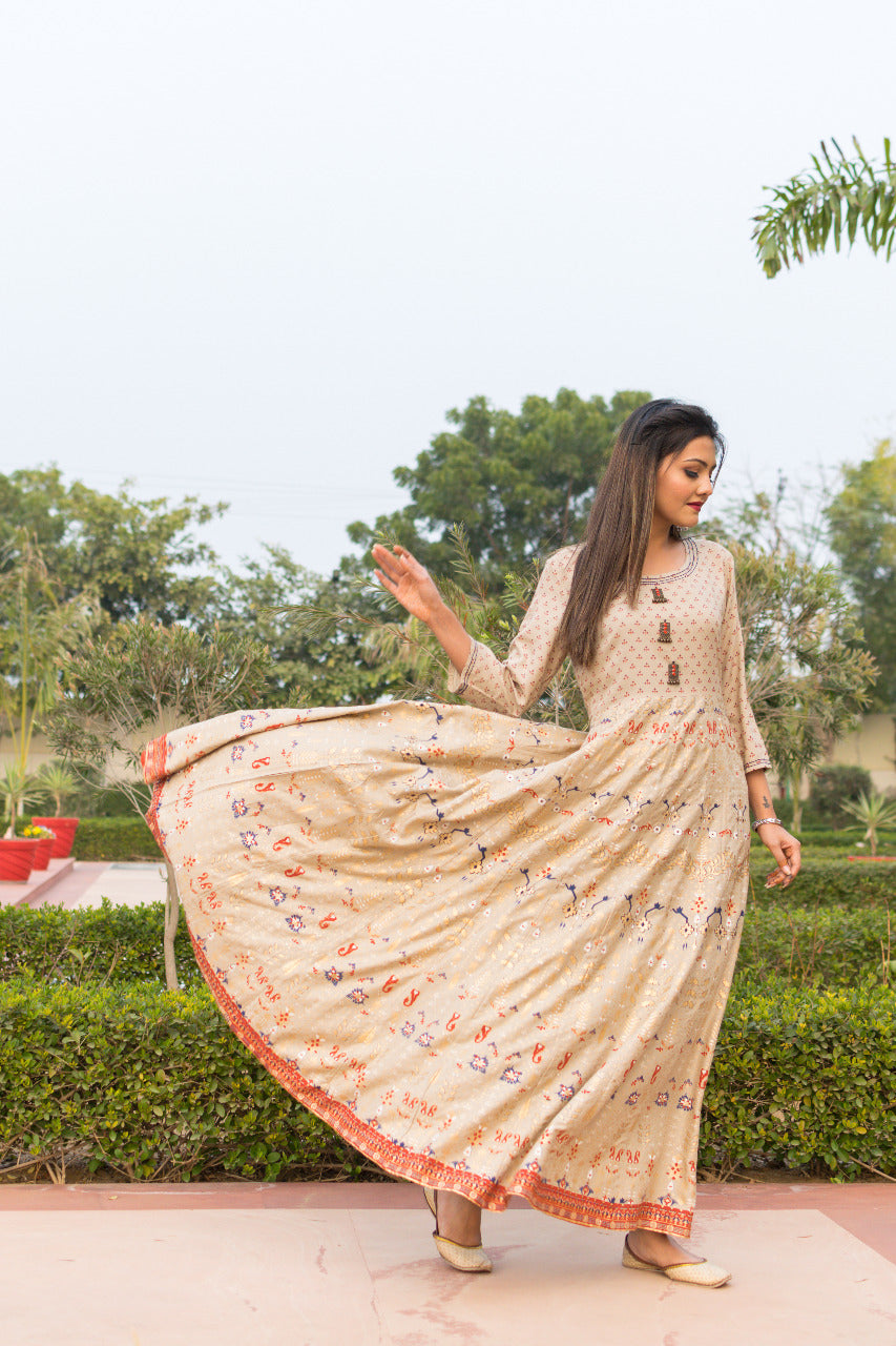 Cream Flower Print Rayon Anarkali Gown