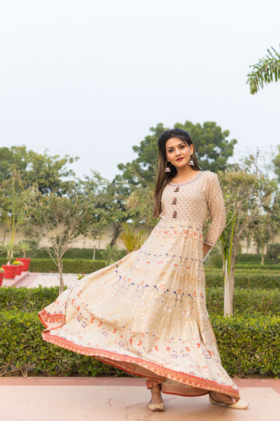 Cream Flower Print Rayon Anarkali Gown