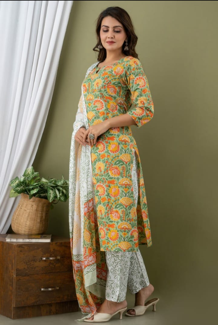 Yellow Flower Print Cotton Stitched Suit Set with Dupatta