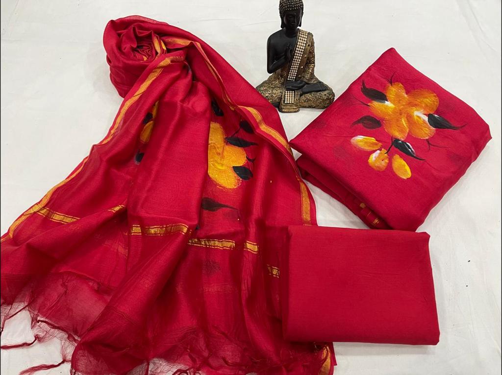 Red Flower Print Chanderi Unstitched Suit Set with Chanderi Dupatta