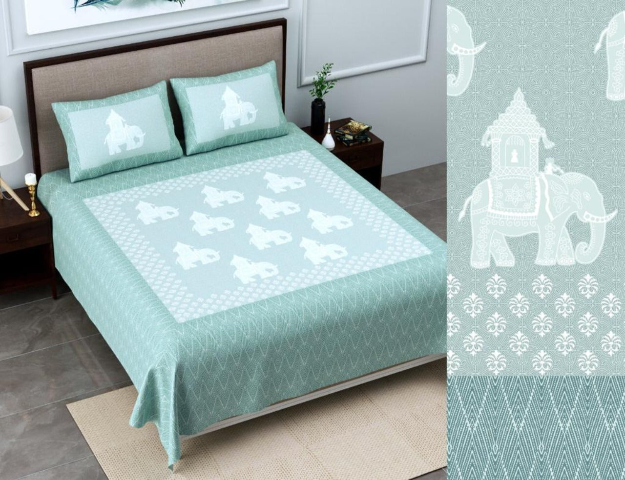 Summer Special Soothing Mint Green with White  Designer Elephant Print XXL 108*108 King Size Pure Cotton Bed Sheet