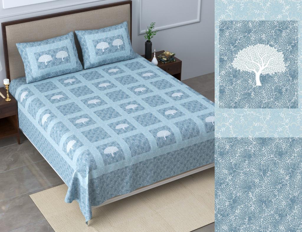 Summer Special Soothing sky blue Base Designer Tree Print XXL 108*108 King Size Pure Cotton Bed Sheet