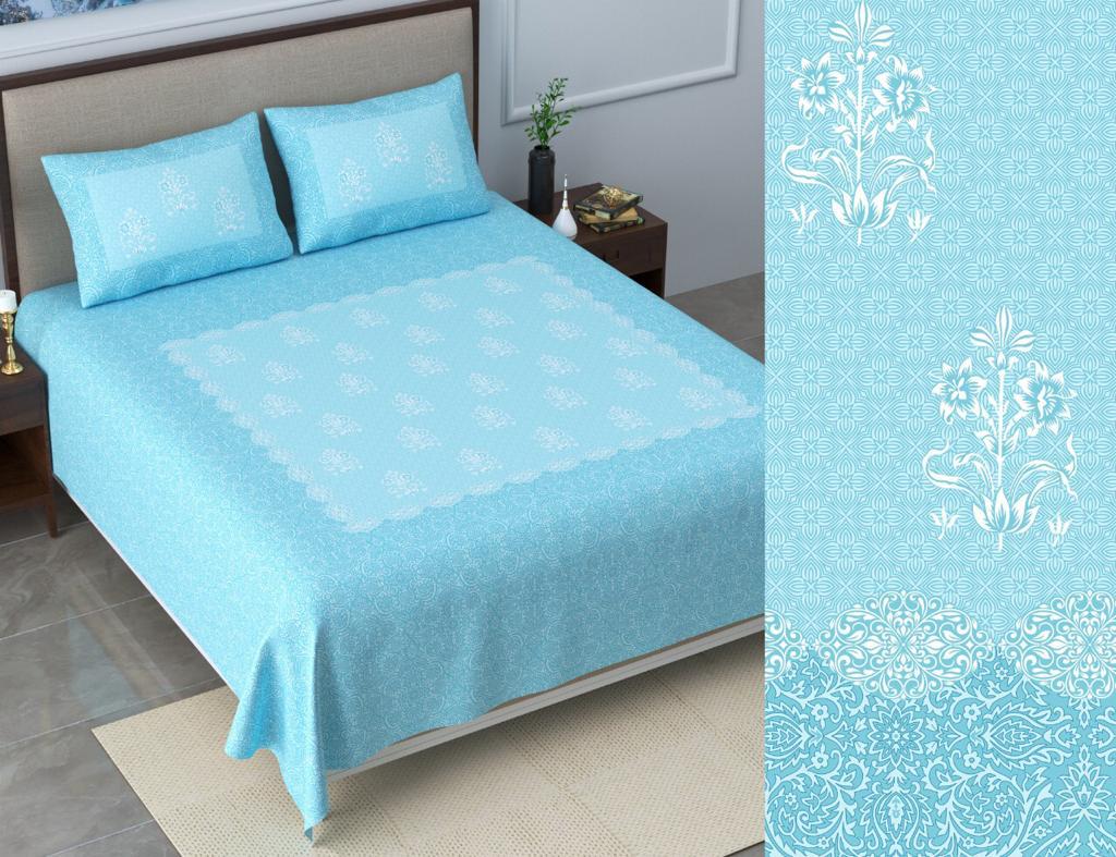 Summer Special Soothing Sky Blue Base Designer Flower Print XXL 108*108 King Size Pure Cotton Bed Sheet