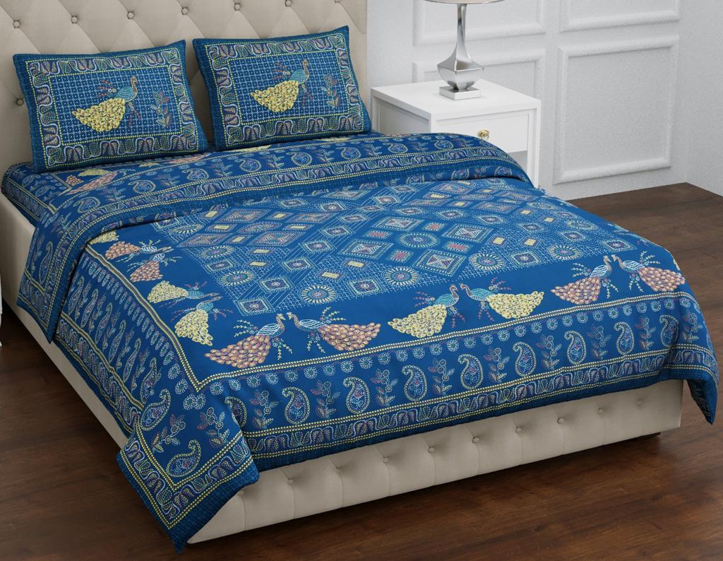Traditional Rajasthani Style Indego Blue Base MultiColor All Over Mandna with Peacock Print XL 100*108 King Size Pure Cotton Bed Sheet