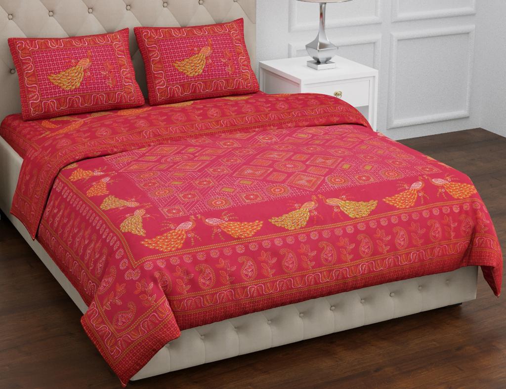 Traditional Rajasthani Style Indego Red Base MultiColor All Over Mandna with Peacock Print XL 100*108 King Size Pure Cotton Bed Sheet