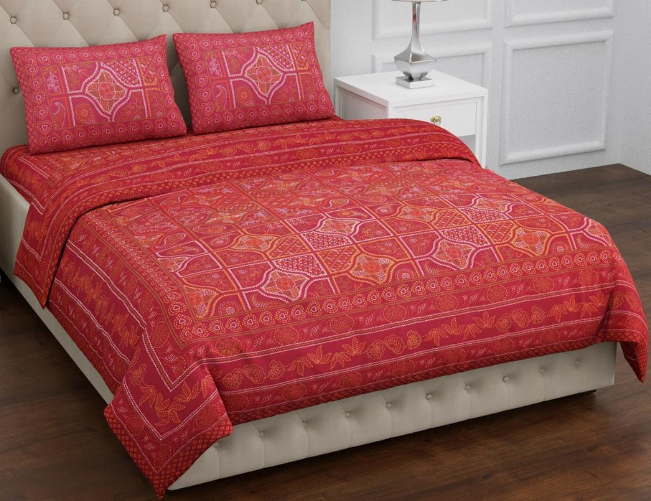 Traditional Rajasthani Style Indego Red Base MultiColor All Over Mandna Print XL 100*108 King Size Pure Cotton Bed Sheet