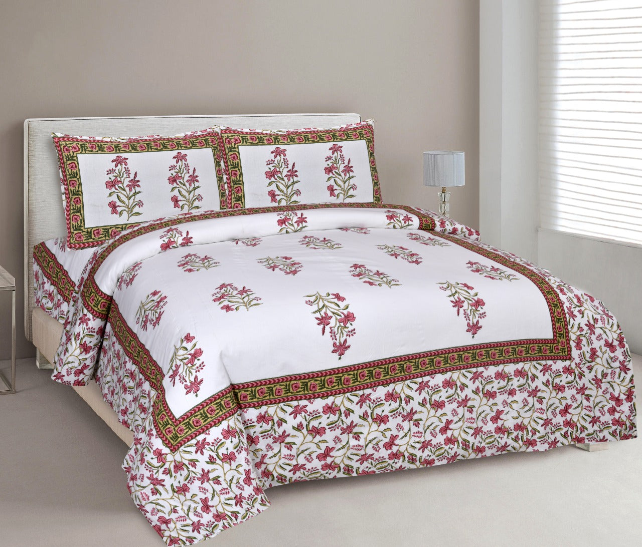 Very Beautiful White Base Pink Flower Mughal Style Boota Print 100% Purer Cotton Bed Sheet