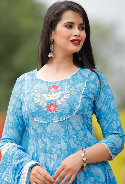 Blue Flower Print Cotton Stitched Suit Set with Dupatta