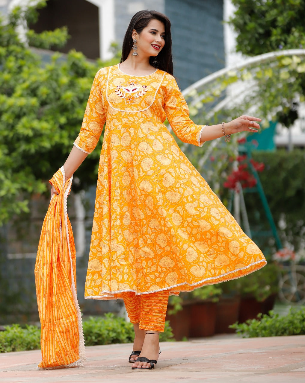 Yellow Flower Print Cotton Stitched Suit Set with Dupatta