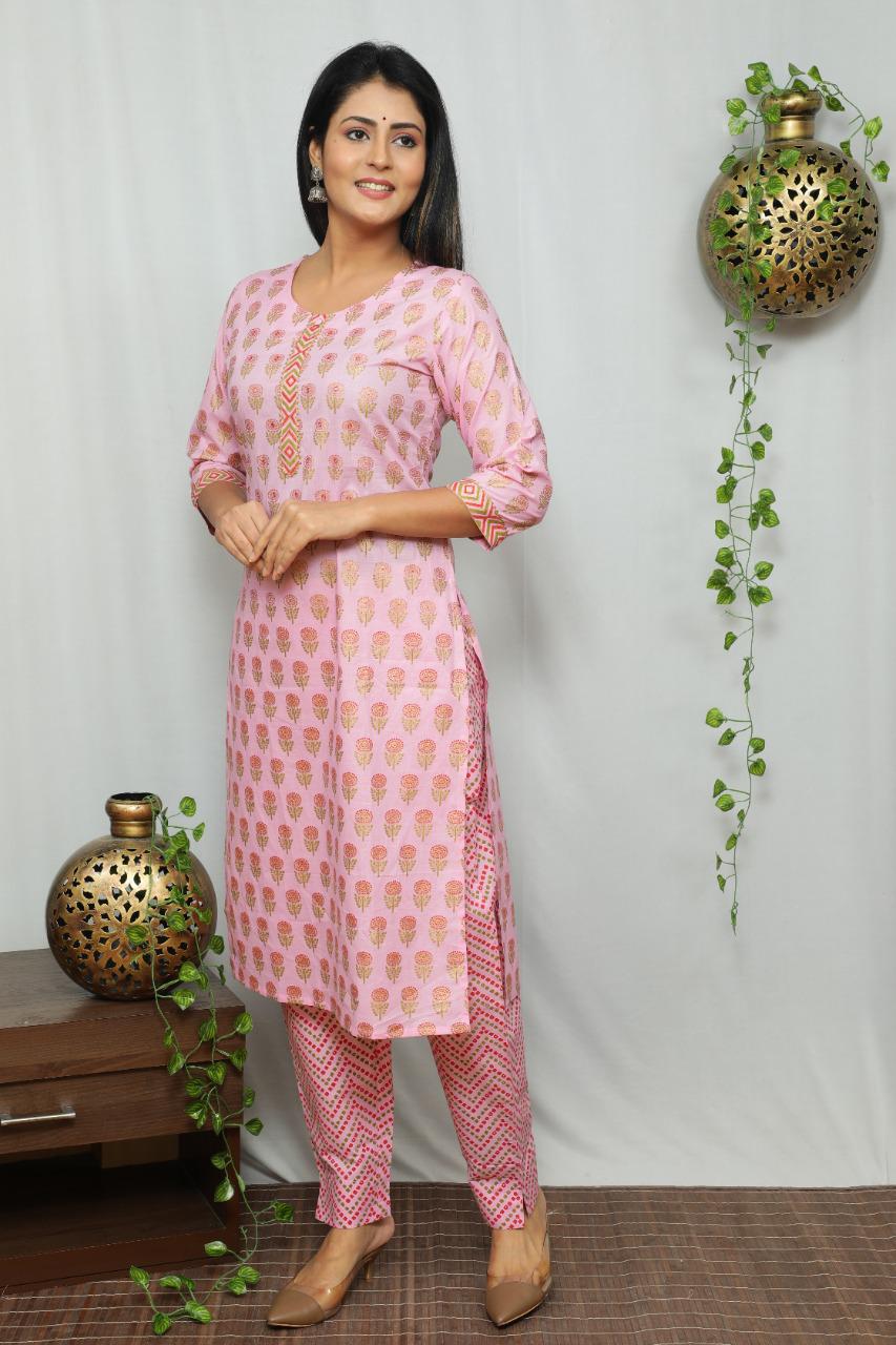 Pink Flower Print Cotton Sequence Kurti with Pant