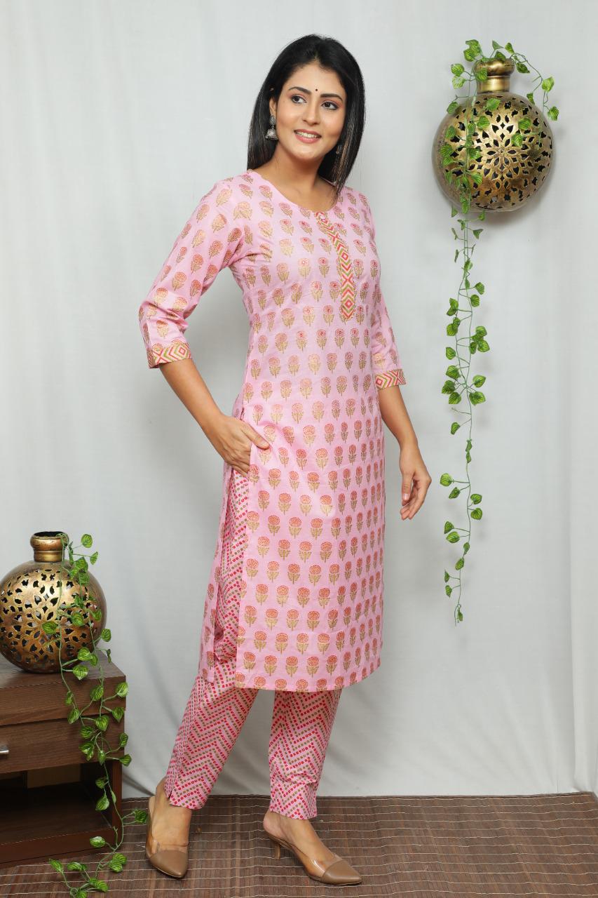Pink Flower Print Cotton Sequence Kurti with Pant