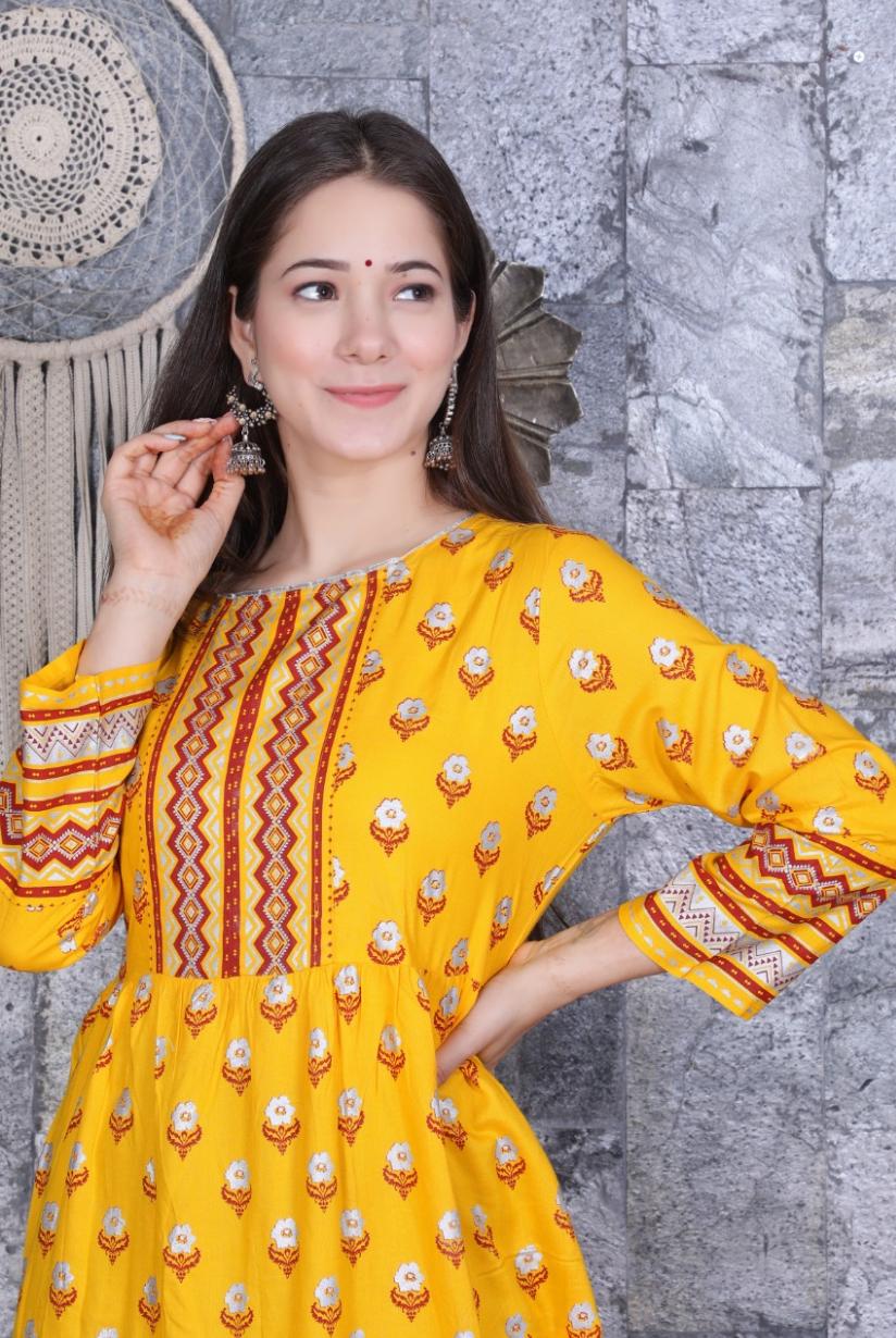 Yellow Flower Print Rayon Anarkali Gown