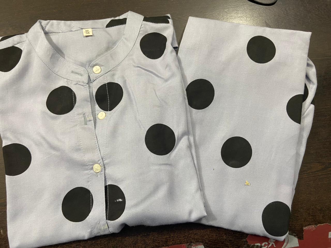 Gray Polka Dots Print Rayon Night Suit