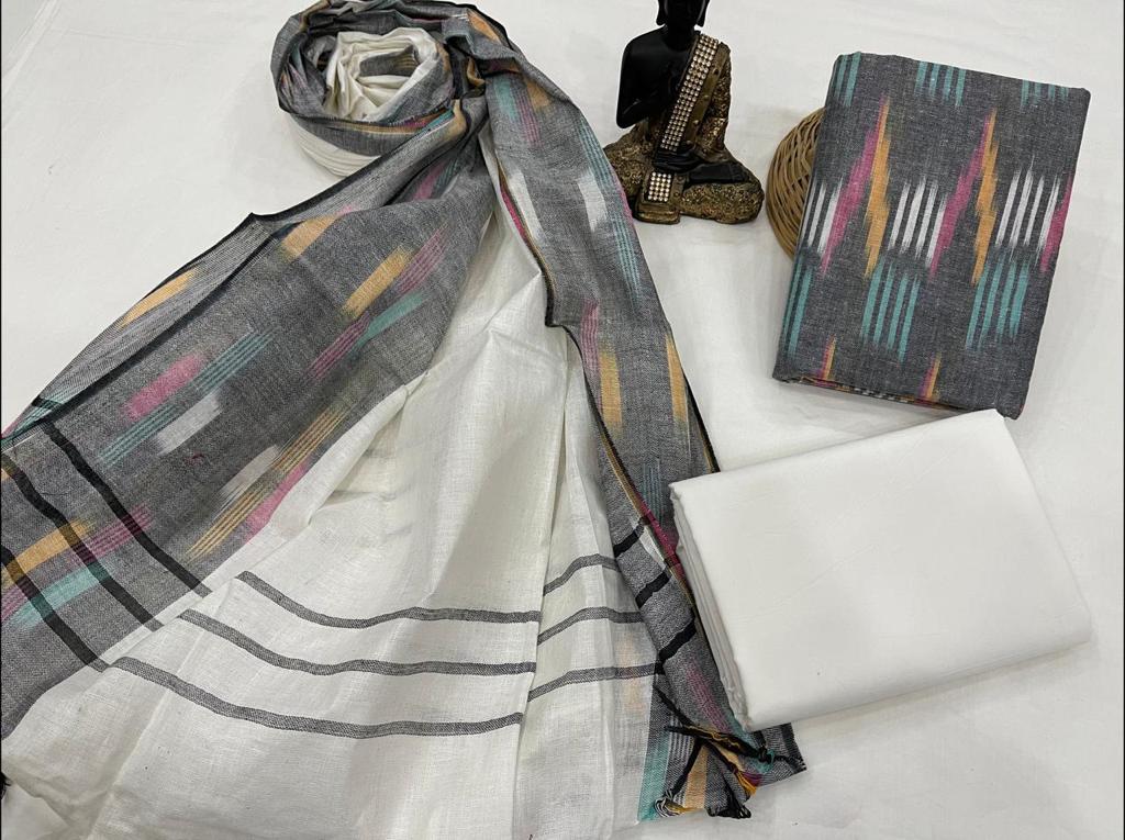 Gray Handloom Weaving Ikat Unstitched Suit Set With Ikat Dupatta