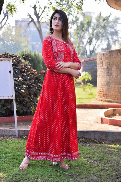 Red Flower Print Rayon Gown with Koti