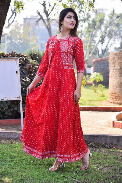 Red Flower Print Rayon Gown with Koti