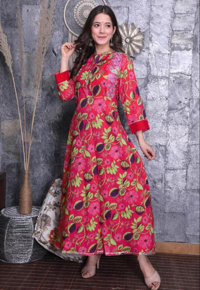 Red Flower Print Rayon Embroidery Gown