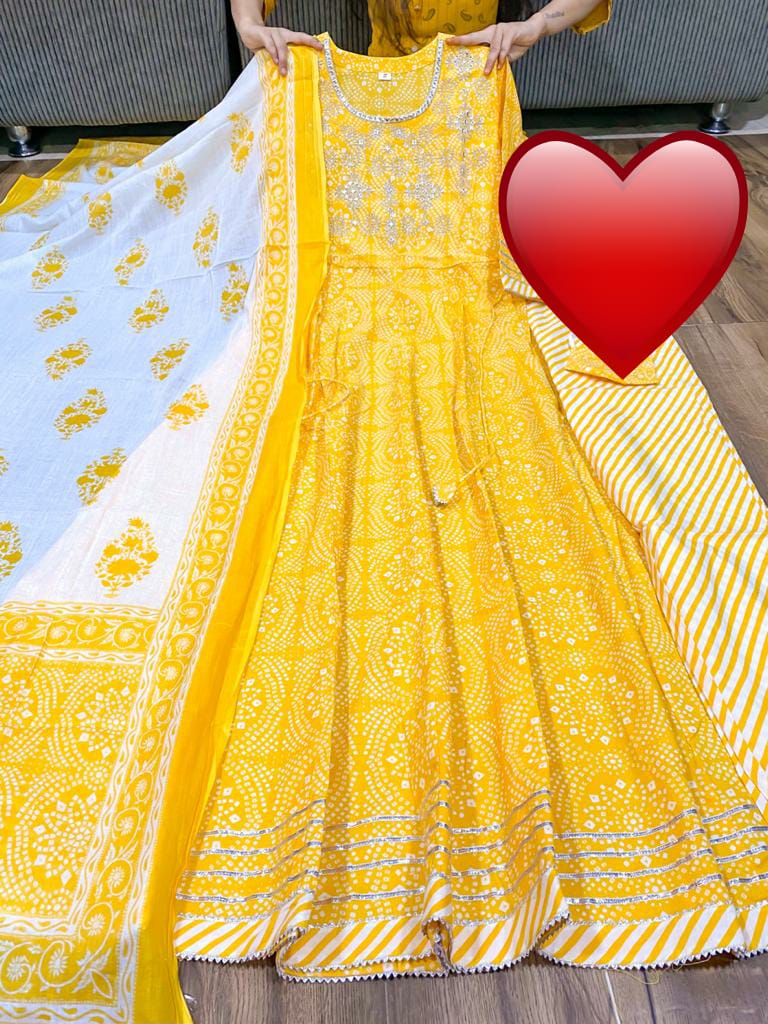 Yellow Flower Print Cotton Anarkali Stitched Suit Set with Dupatta