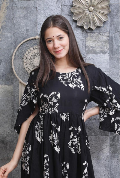 Black Flower Print Rayon Anarkali Gown