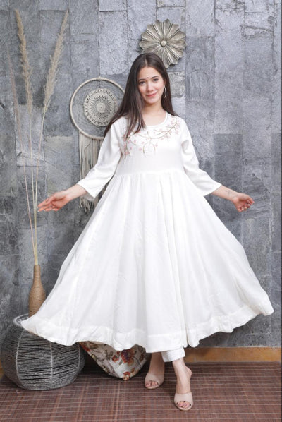 White Flower Print Rayon Anarkali Gown