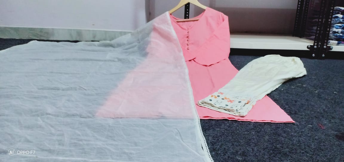 Pink Printed Cotton Stitched Suit Set with Kurti, Pant & Dupatta