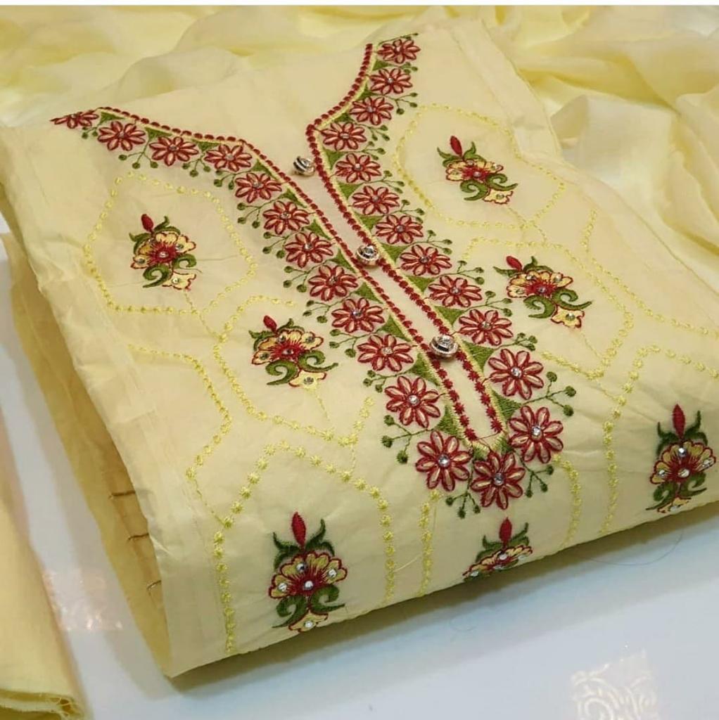 Kashida Work Cotton Silk Unstitched Suit Set with Dupatta