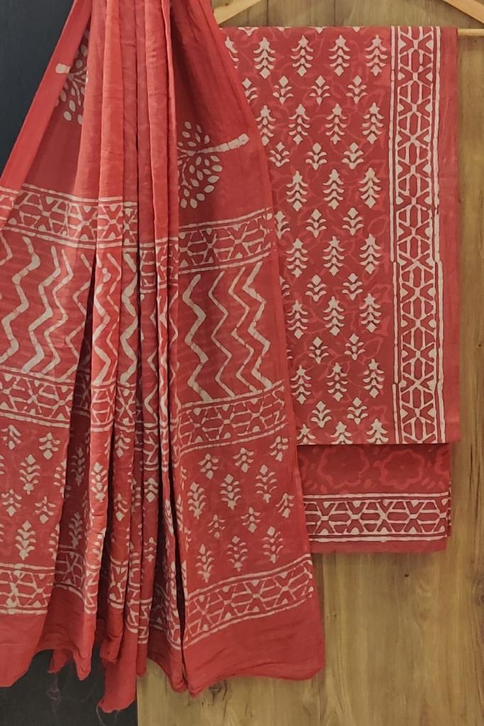 Red Flower Print Cotton Unstitched Suit Set with Cotton Dupatta