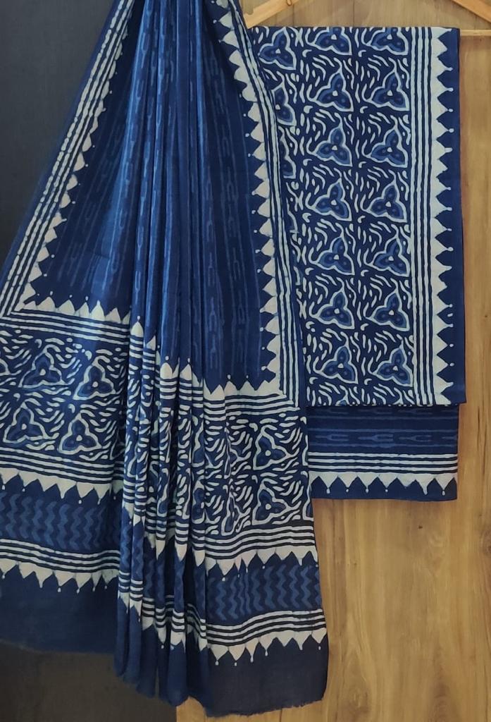 Blue Flower Print Cotton Unstitched Suit Set with Cotton Dupatta