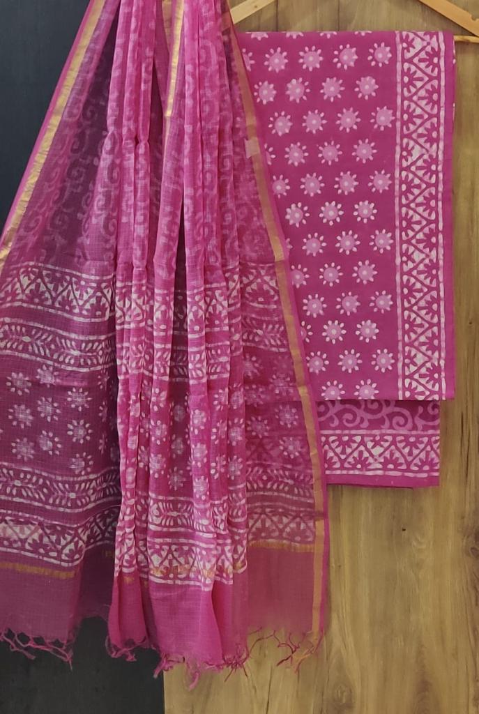 Pink  Flower Print Cotton Suit Set with Kota Doria Dupatta