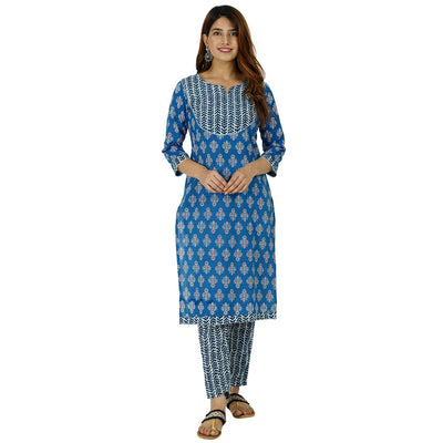 Blue Flower Print Cotton Stitched Suit Set with Kurti & Pant